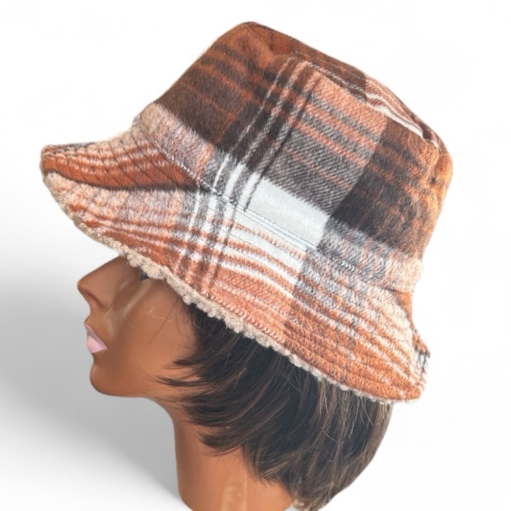 Nine West Brown Plaid Flannel Bucket Hat with Shearling Lining